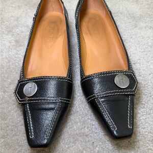 Tod's Black Leather Flats with Silver Button